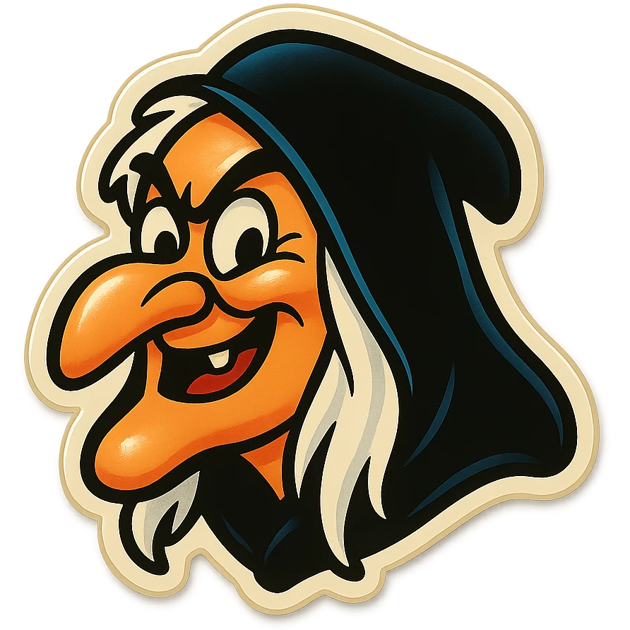 classic cartoon witch emoji with black hood, wild white hair, exaggerated nose, mischievous grin, vintage animation style emoji