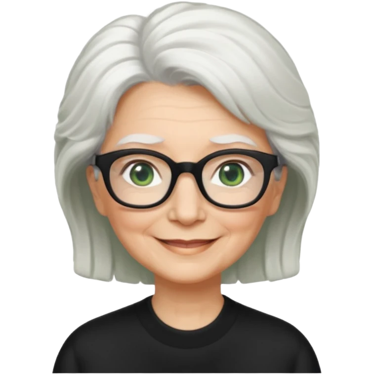 White hair grandma, green eyes, hair to shoulder, lokeg black glasses, rectangles face, smile , emoji