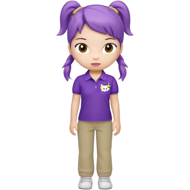 hello kitty wearing purple polo shirt and kyaki pants with long pony tail baddie emoji