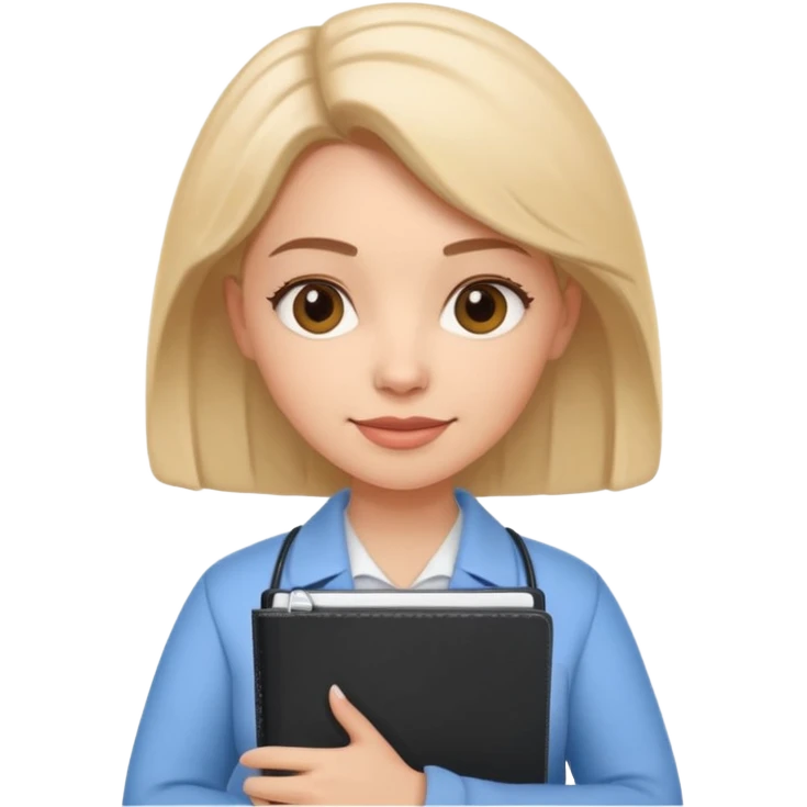 Cute female psychologist character, friendly and professional, holding a notebook, therapy office background, cartoon style, white background emoji
