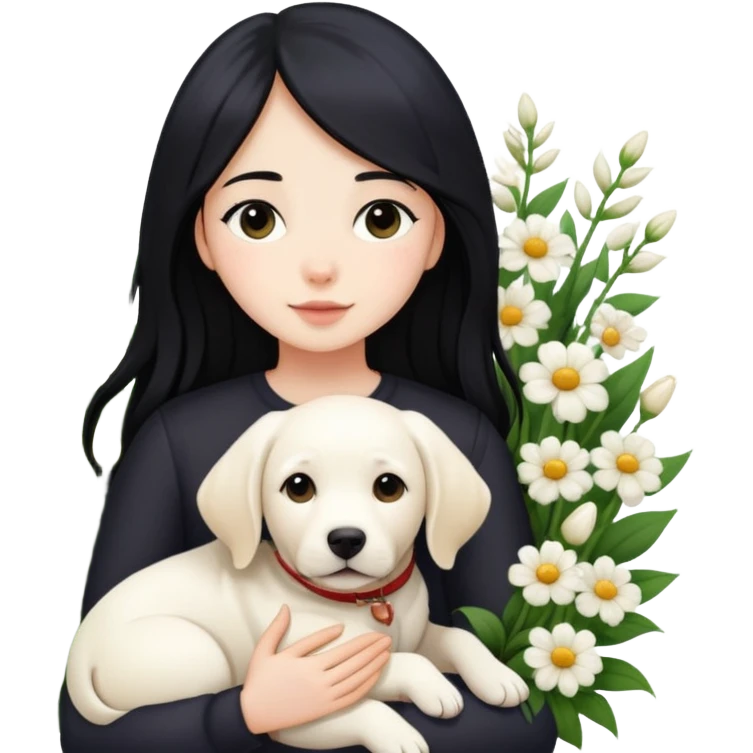 A girl with long black hair is holding a white Labrador in the flowers emoji