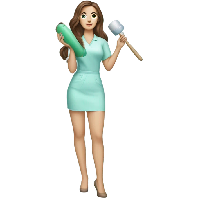 Brown haired esthetician with hair down wearing light blue holding jade roller emoji