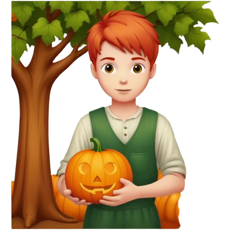 Red haired boy with pumpkin under tree emoji