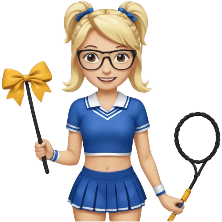 Sexy Dominatrix blonde hair and glasses full body with whip in a cheerleaders outfit  hair ties back emoji