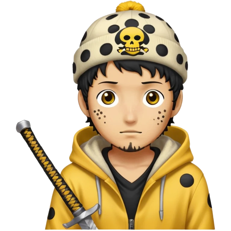 Trafalgar Law with spotted hat, yellow hoodie, nodachi sword emoji
