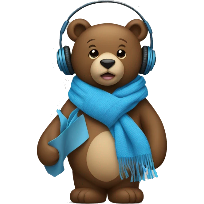 Bear holding a blue heart with a scarf and headphones on emoji