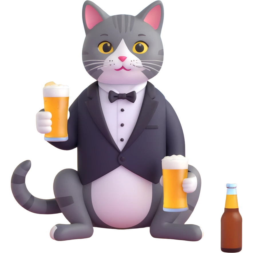 cat in a tuxedo drinking beer on the beach emoji