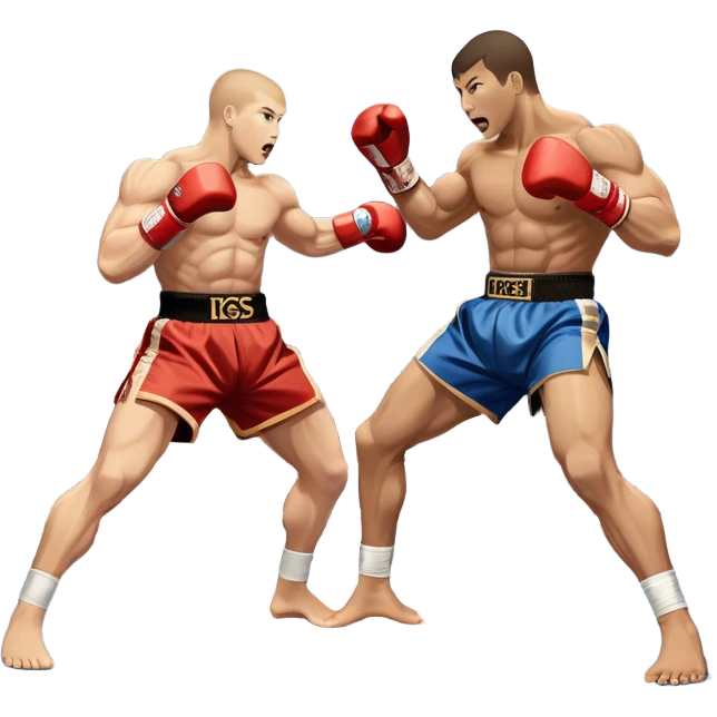 An icon symbolizing kickboxing, featuring two fighters in the midst of an intense match. One throws a powerful roundhouse kick, while the other counters with a punch. The background shows a ring, with ropes and a cheering crowd. Transparent background highlights the action and strength emoji