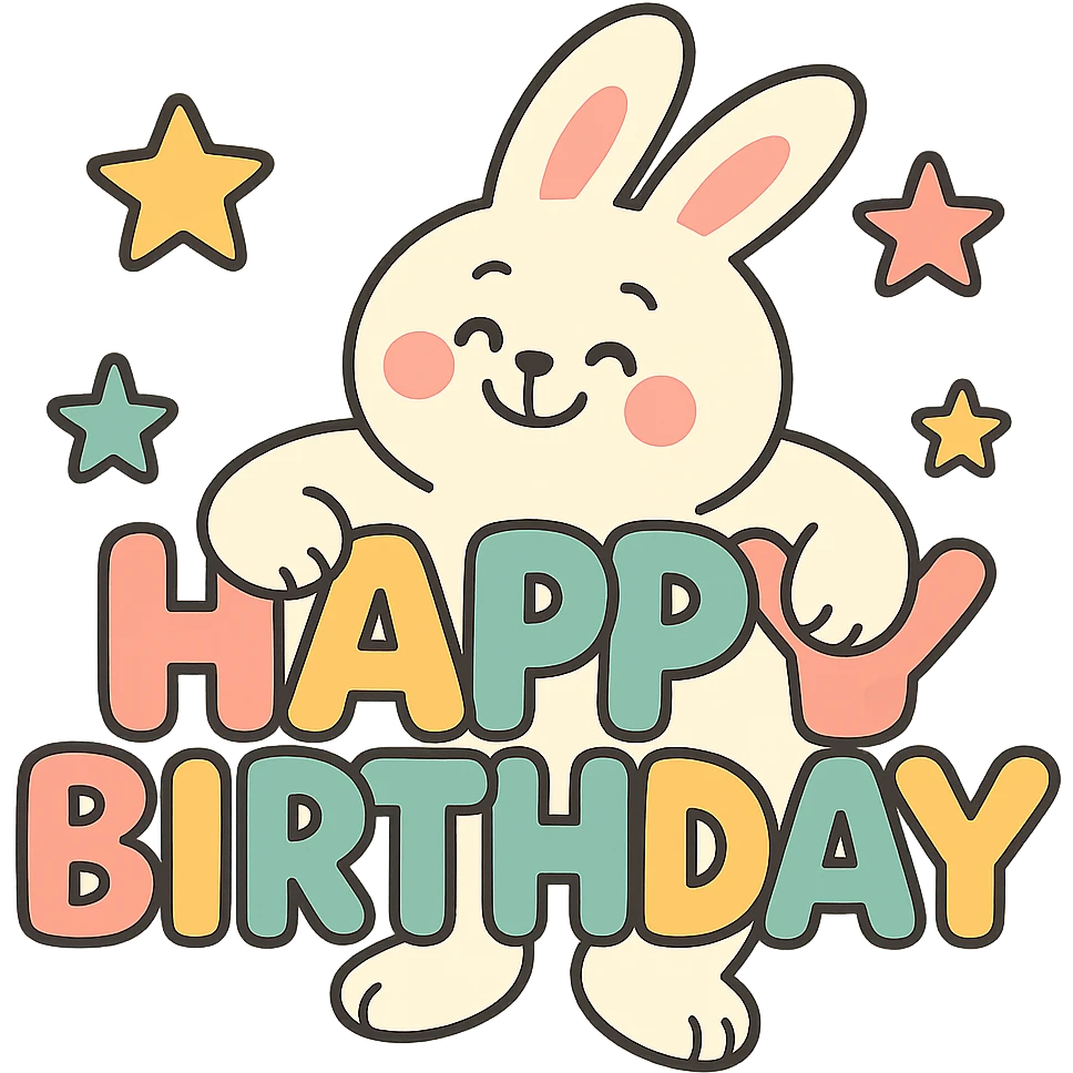 bunny hugging "Happy Birthday" letters with stars, pastel-toon style emoji
