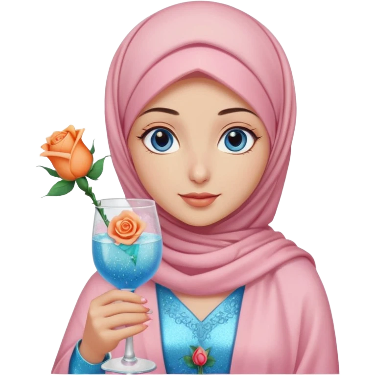 Turkish beautiful finish Konya girl blue eyes with light pink hijab islamic dress and had on her hand Glittery rose mocktail with orange light pink roses emoji