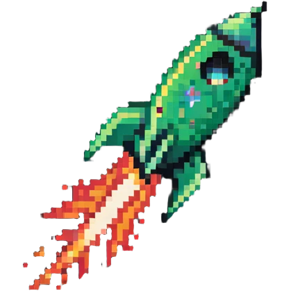 green to red gradient rocket flying diagonally to the upper right corner, with pixel art flame trail emoji