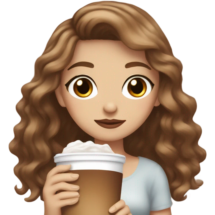 aesthetic white girl with brown wavy hair and brown eyes sipping an iced americano in a cute coffee shop  emoji