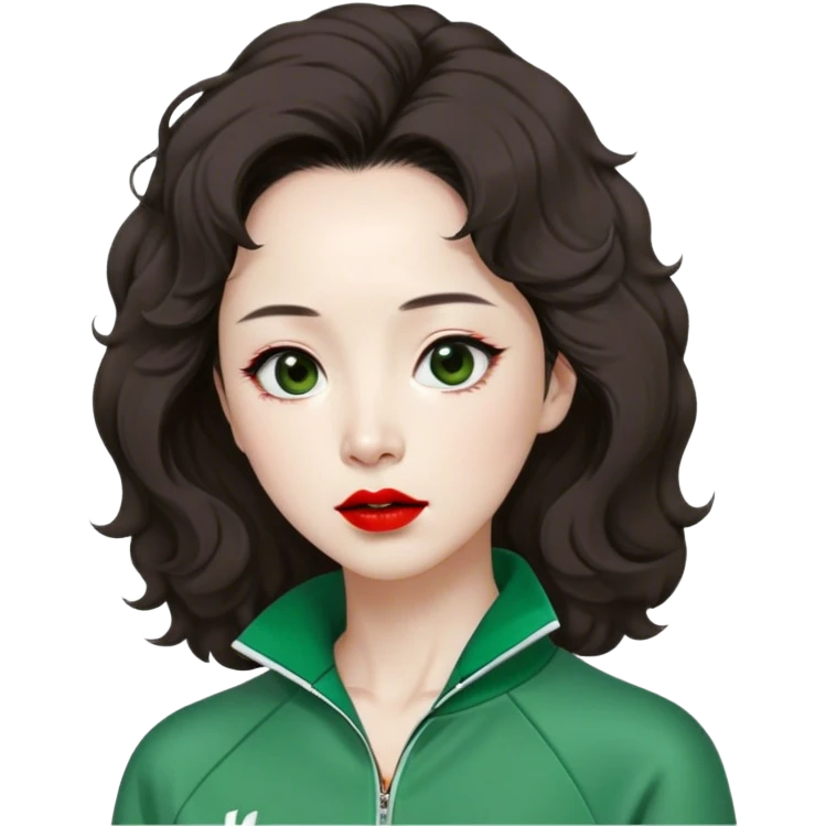 Han Mi-nyeo : Age: Late 60s
Appearance: A crazy woman with wrinkles, frizzy, messy dark brown hair and dramatic red lipstick.
Outfit: Green player tracksuit emoji