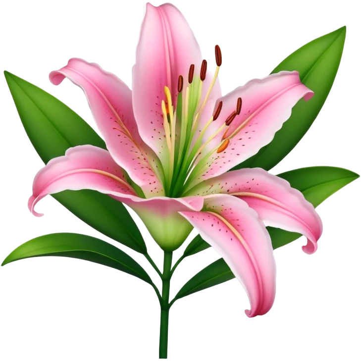Beautiful pink lily flower with green stem and leaves emoji