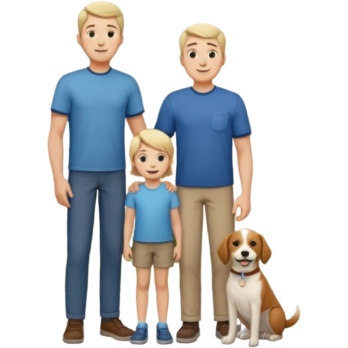 1 Father 1 Mother and 1 young boy who is half as tall as the parents, standing in front of their house with a dog next to them emoji