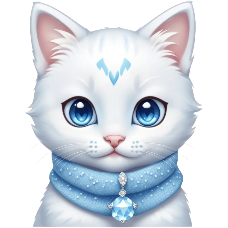 A snowy white kitten with icy blue eyes, wearing a tiny knit scarf, surrounded by crystals and frosty sparkles. emoji