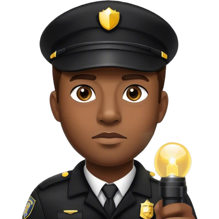 A vigilant male security guard wearing a black uniform, a cap with ‘SECURITY’ embroidered on it, and a black jacket. He holds a flashlight  shining its beam forward emoji