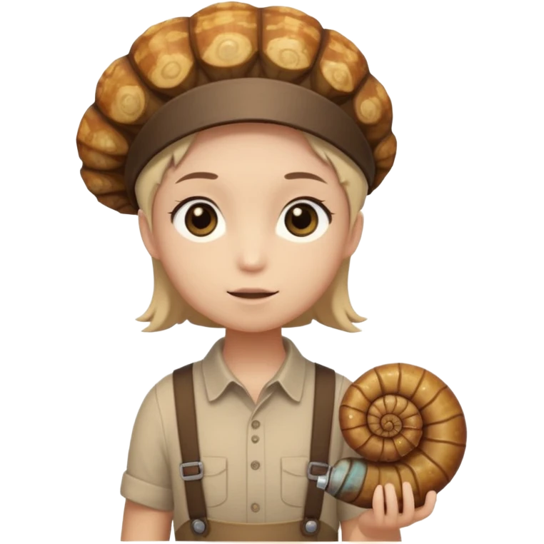 Shelly has a small, chibi-style body with a large ammonite-shaped head that looks like a beige fossil shell. One side of her head has a dark opening, making it clear she isn’t human. Her face is simple and soft, with big round eyes. She wears a brown suspender outfit over a lighter shirt emoji