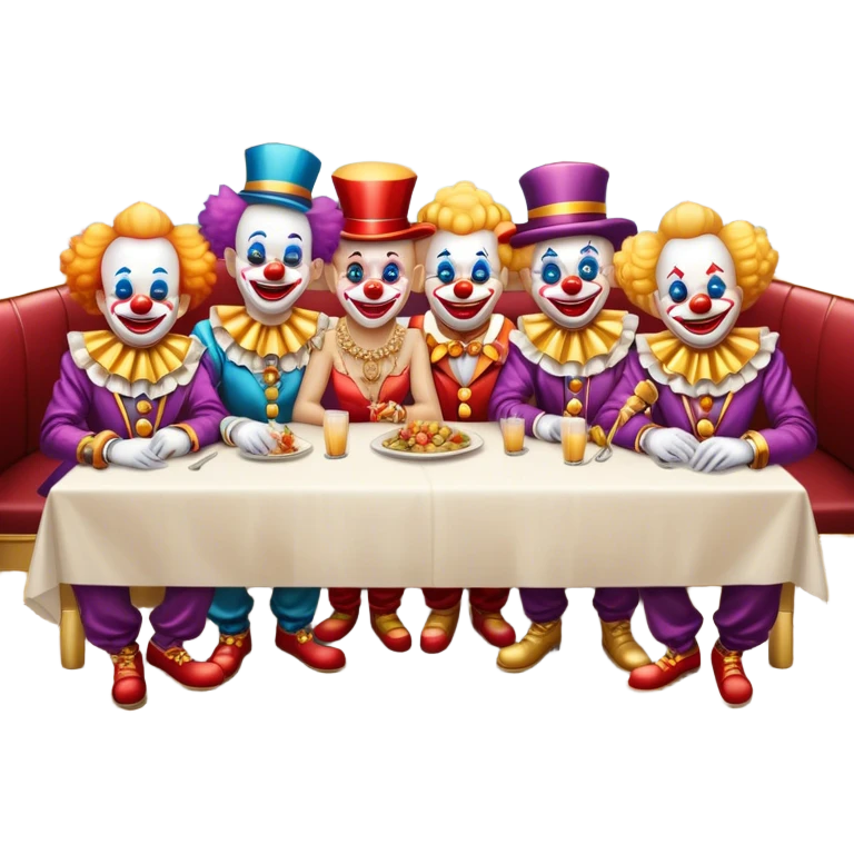 Vip restaurant full of clowns with golden chain on the neck. full height emoji
