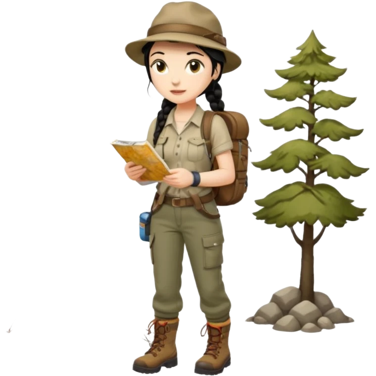 A braid black hair backpacking woman checking her map with curious eyes while walking wear camping hat and dirt covered boots full body emoji