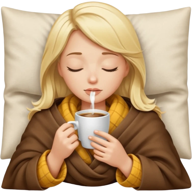 Blonde girl inside a blanket sipping coffee eyes closed emoji