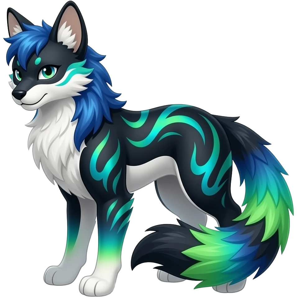Colorful shiny realistic silky smooth glossy tropical thin exotic beautiful lanky gradient-colored cobalt-blue-obsidian-black-neon-green-gradients, with white underside, iridescent glorious fantasy-civet-genet-Cacomistle-oncilla-animal-hybrid-fursona with pattern markings (full body) emoji