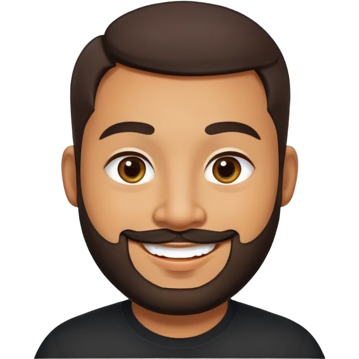 Heavier-set producer with light brown skin, pear-shaped face, full cheeks, big cheerful smile, warm inviting eyes, thick eyebrows, wide nose, short well-groomed beard, very short dark hair, wearing a black shirt emoji