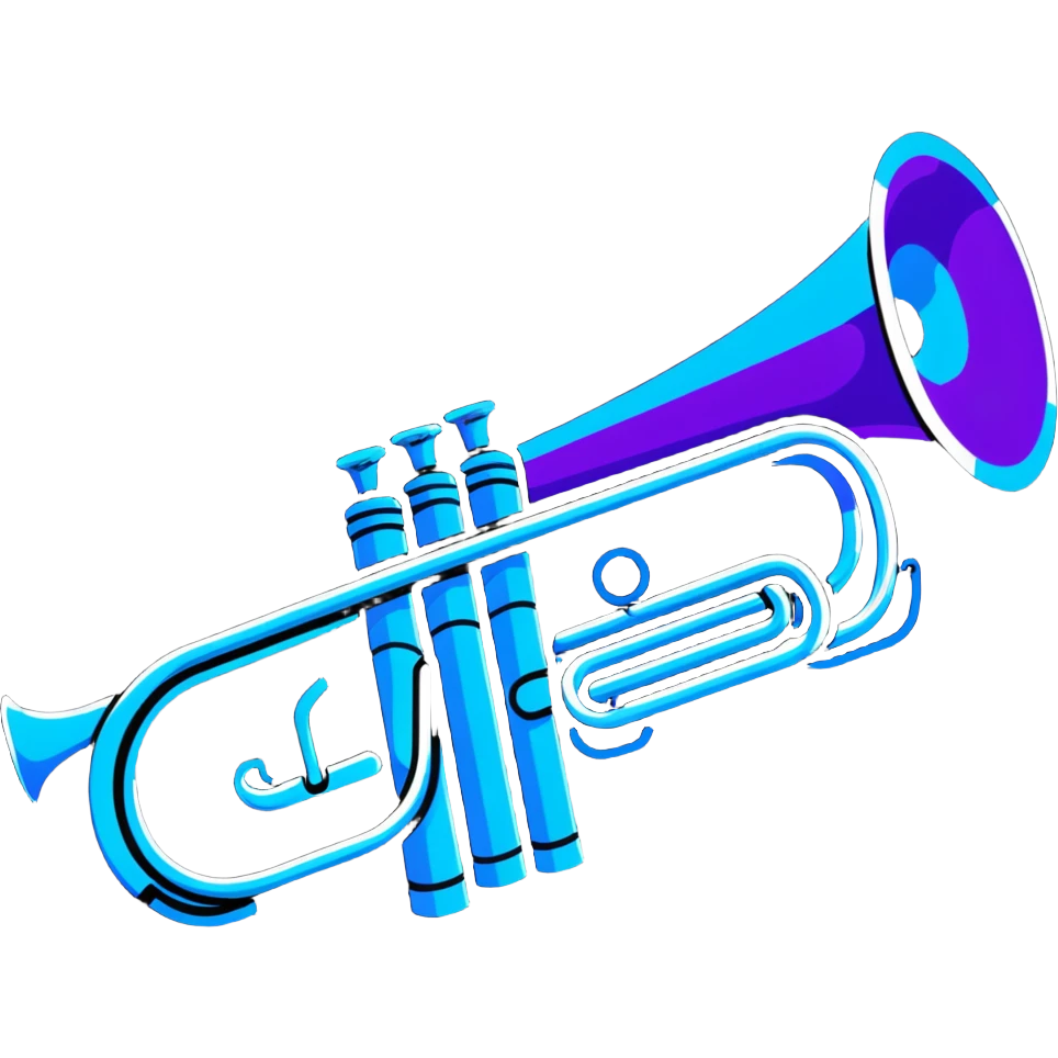 trumpet horn with neon glow effect, blue neon glow on top left, purple neon glow on bottom right emoji