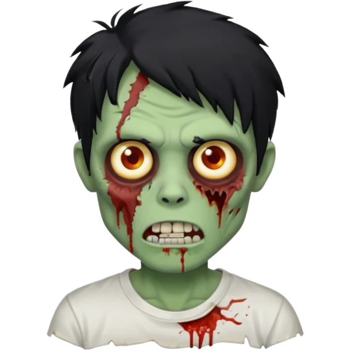 Rosto de frente classico de zombie boca meio torta cabelos medios grandes pretos bagunçados low fade com pele verde clara camiseta branca emoji
