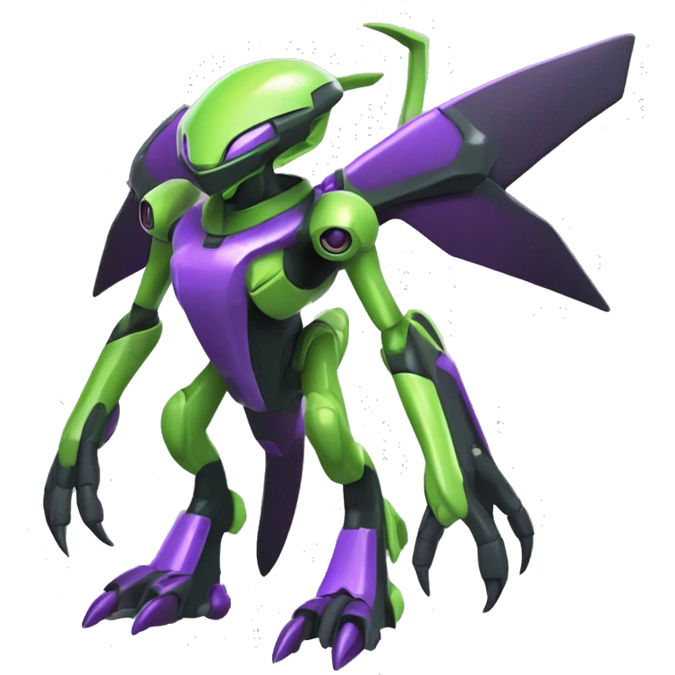 a shiny black-green-purple Genesect-Flygon-Raptor-Fakémon-Medabot-hybrid with a futuristic visor-helmet full body emoji