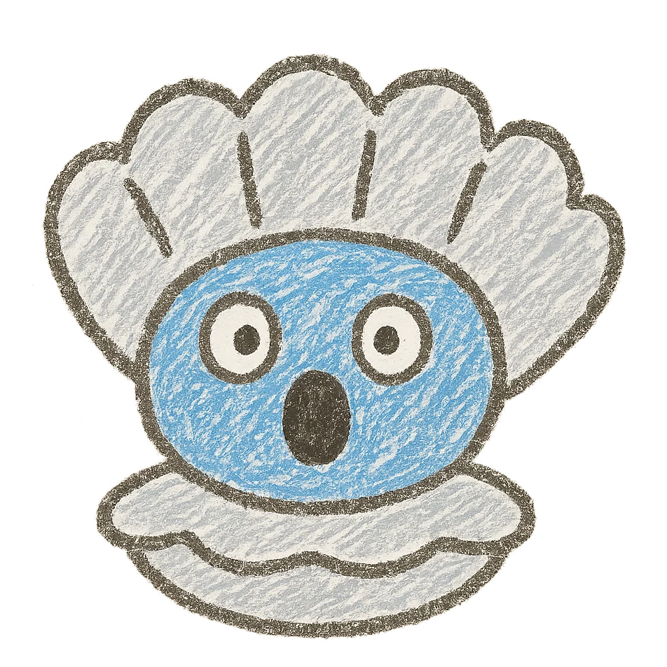 Cute oyster with a surprised expression featuring wide open eyes and mouth in an O shape, in a children doodle style, transparent background. emoji