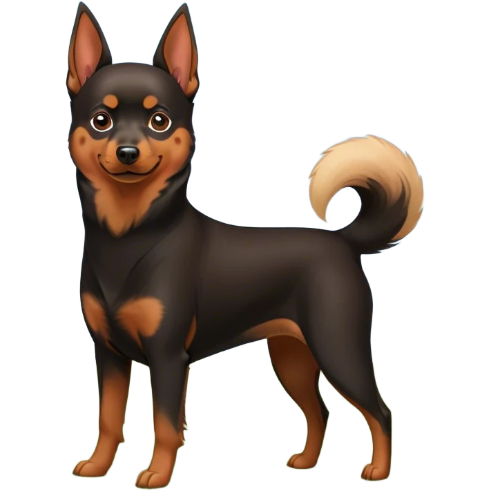 Doberman Pinscher and Pomeranian Spitz standing side by side. The Doberman has a sleek black and tan coat with alert ears, while the Pomeranian has a fluffy orange coat and a joyful expression. Beautiful natural background, with a clear blue sky and green grass. Transparent background. emoji