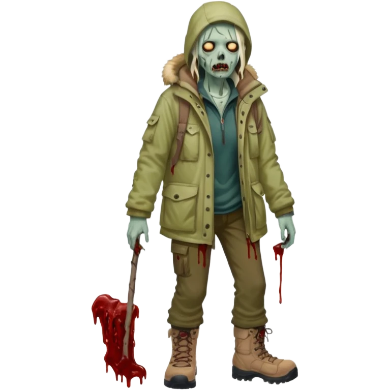Local alaskan who has turned it zombies in the style of the walking dead, with rotting flesh and dripping blood but distinctively Alaskan. In the style of your bleeding skull art but Alaskan zombie. Full body emoji