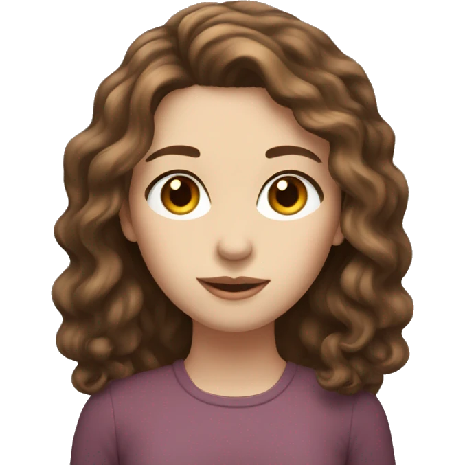 A beautiful girl with wavy brown hair, white skin, long face, slanted eyes and small nose.  emoji