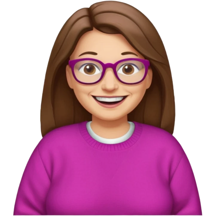50 yr Caucasian woman, long brown hair parted on side, brown eyes, glasses, big smile, white teeth, fuscia sweater, chubby emoji