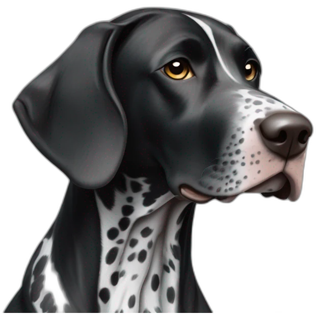 black german shorthair pointer, long snout, full black head, without white on the head, with white hair on the snout, black and white spotted body emoji