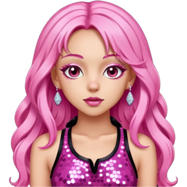 Doja Cat with long pink hair, dark pink sequin outfit emoji