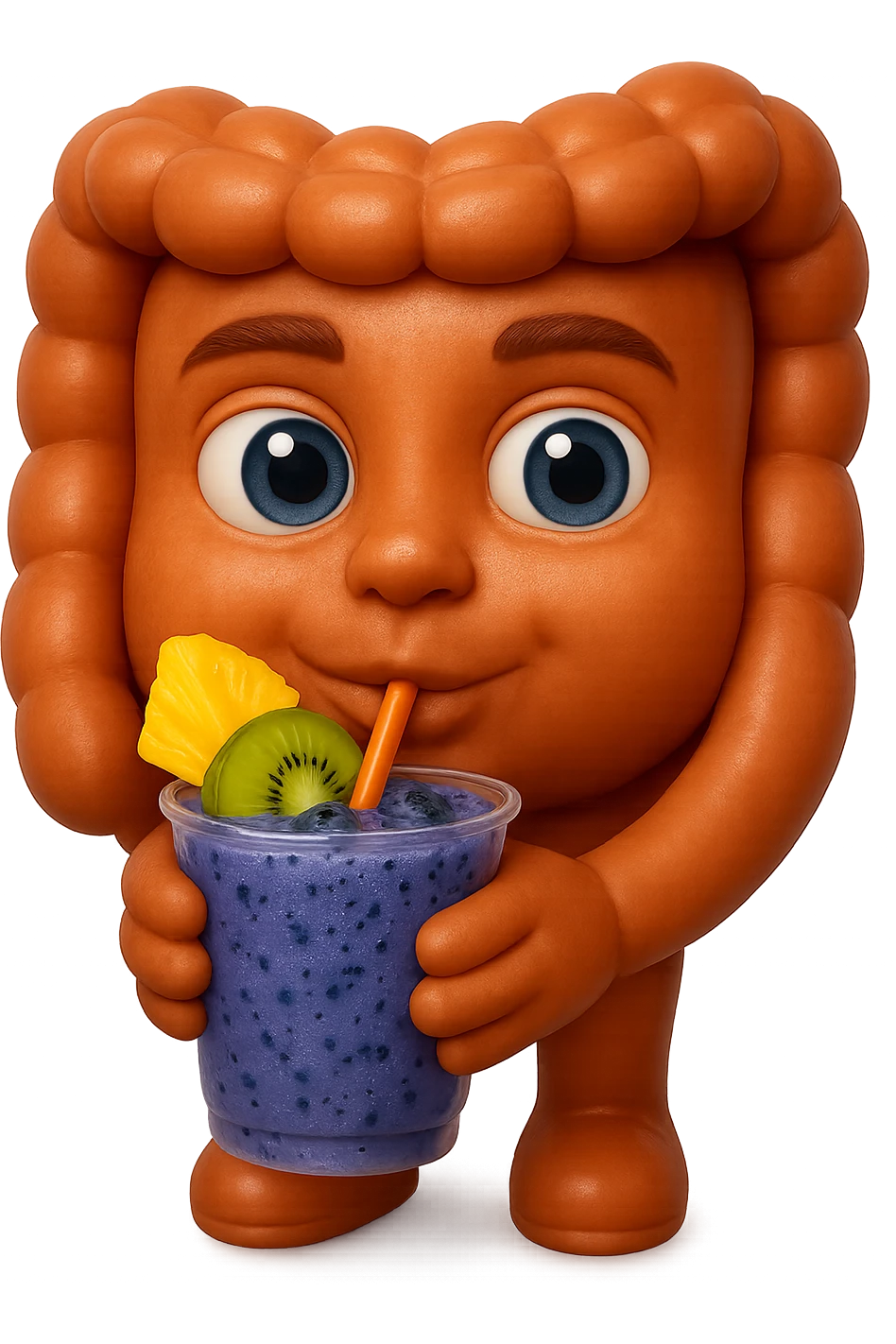 EMOJI STILE IPHONE DI un intestino umano anatomico che beve un frullato di mirtilli, ananas, kiwi, fagli anche la parte bianca degli occhi, non solo le pupille, REALISTICo 4K emoji