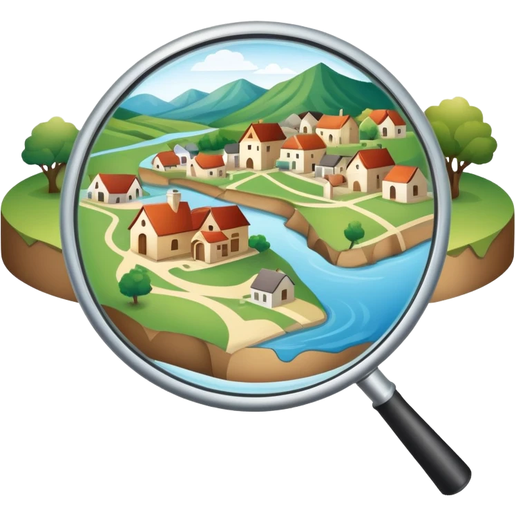 An icon featuring a magnifying glass over a local map, with a small village, traditional house, and natural landmarks like a river and hill, symbolizing local history and geography. Transparent background highlights the study of native land, culture, and heritage. emoji