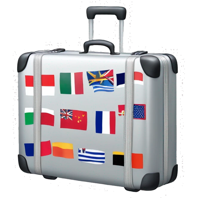 A silver suitcase with stickers from different countries emoji