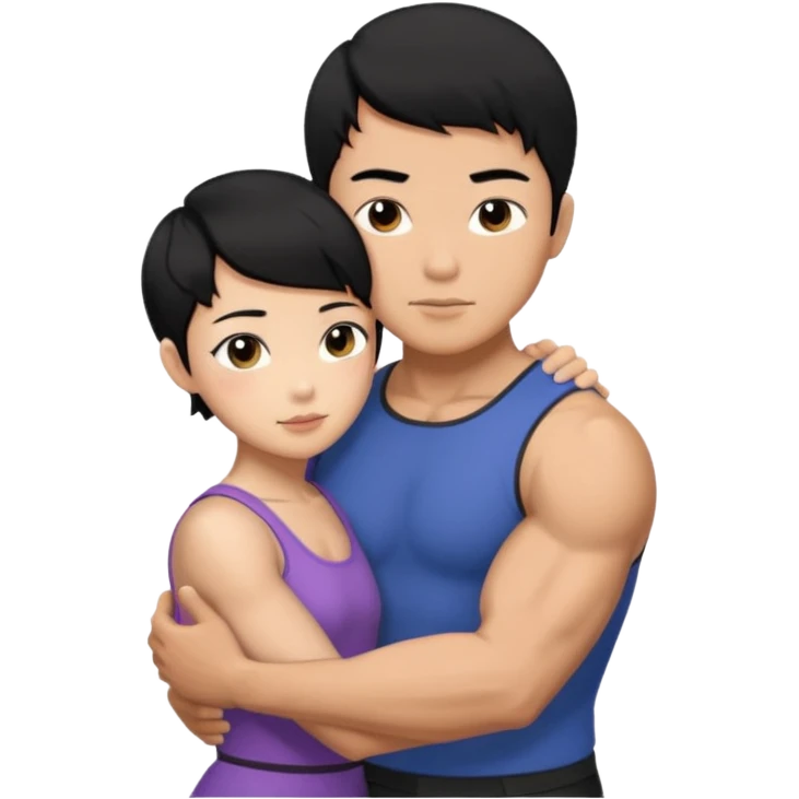 buff Asian Man black hair hugging girl with black pixie cut  emoji