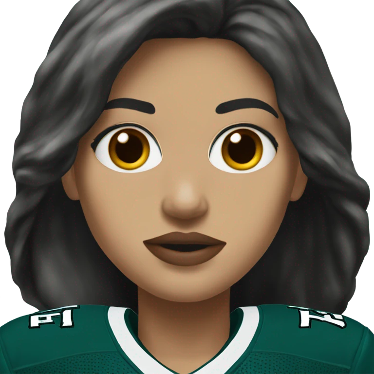 White female long dark hair red lips wearing Philadelphia Eagles jersey emoji