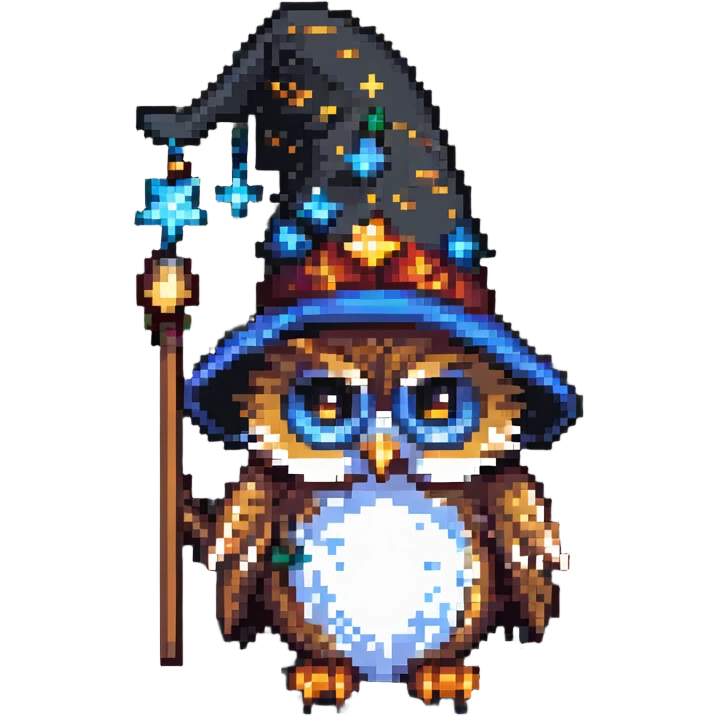 owl with a starry wizard hat pixel art emoji