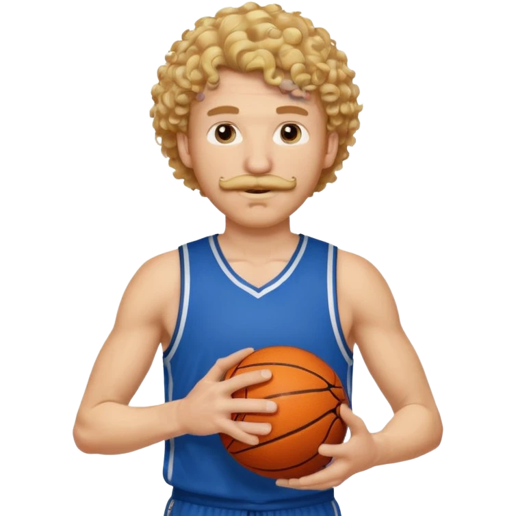 white blonde curly hair man basketball player blue jersey with mustache holding basket ball emoji
