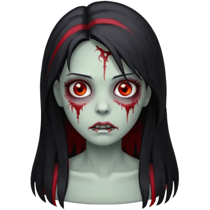 Garota zumbi cabelo longo preto, mevhas vermelhas nas laterais na frente da cabeça emoji