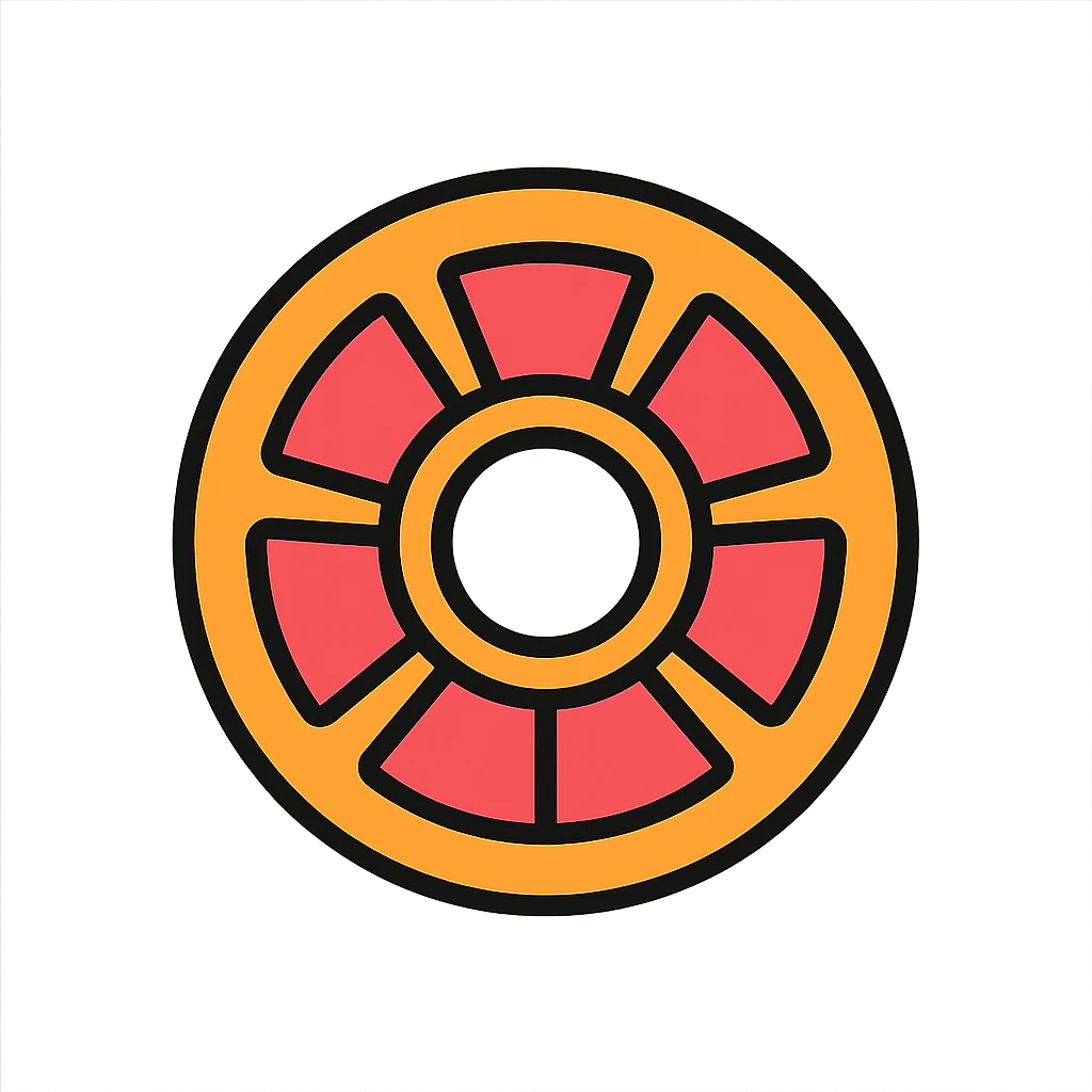 Create a bold, clean, and visually striking circular artwork for printing onto a planetary gear ring inspired by a grapefruit. The design features a large center hole for the bearing. Pink segments representing planetary gears are arranged evenly around the center, touching both the center hole and the orange peel outer ring, with minimal white space between the pink and orange. The style is a stylized grapefruit-gear blend with no sky or playful icon elements, suitable for a mechanical part. emoji