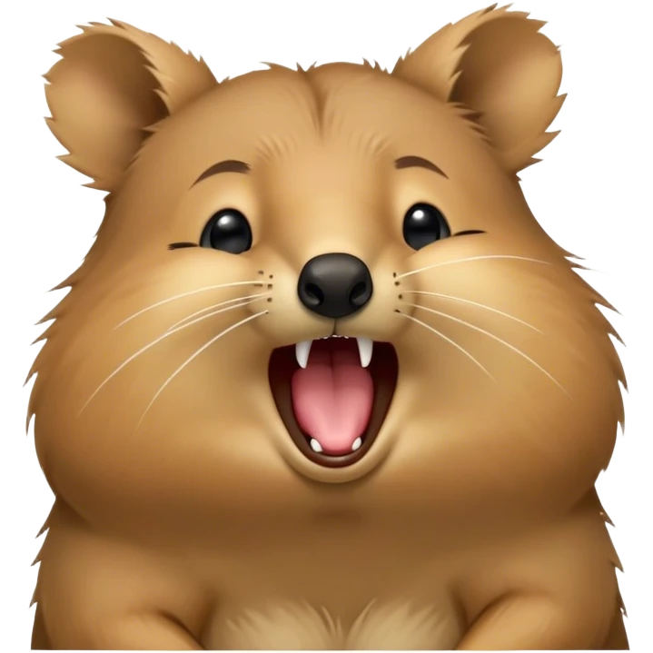 Cinematic Cute Yawning Quokka Portrait Emoji, Head tilted slightly with a dramatic, wide-open yawn, showcasing a soft, downy brown fur with a slightly droopy expression and eyes barely open in drowsy contentment, Simplified yet irresistibly adorable features, highly detailed, glowing with a soft, cozy glow, high shine, relaxed yet expressive, stylized with a touch of playful charm, bright and endearing, soft glowing outline, capturing the essence of a sleepy yet affectionate quokka, so drowsy it feels like it could stretch out of the screen and curl up for a nap! emoji