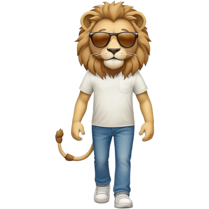 anthropomorphised lion in t-shirt and jeans with sunglasses walking upright, relaxed pose emoji