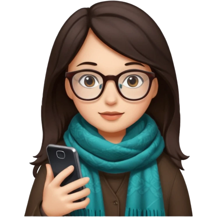 Fille châtain foncé avec lunettes. Elle porte une grosse écharpe. Elle est sur dans un toilettes. Téléphone en main emoji