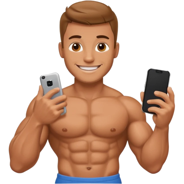 Mec musclé avec un téléphone dans les mains qui navigue sur so téléphone qui sourit emoji